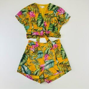 Tropical print sun set 2 piece Womens wrap crop top matching high waisted shorts